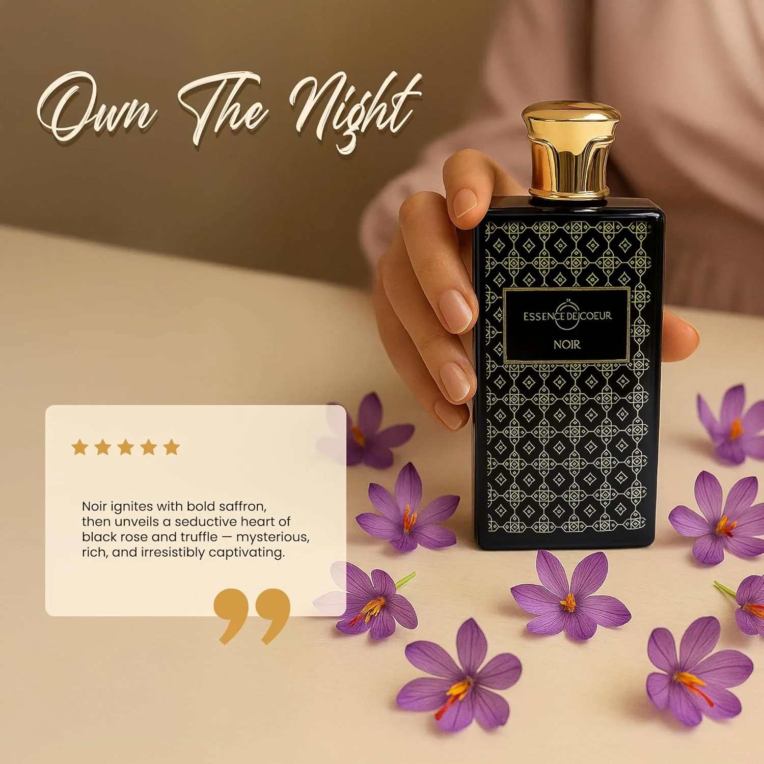 ادو پرفیوم Essence De Coeur Noir حجم 100 میلی لیتر – عطر لوکس ماندگار унисекс با رایحه زعفران، رز سیاه، ترافل، نعناع هندی، وانیل و عود – عطر عربی شرقی برای آقایان و بانوان