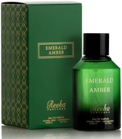 ادو پرفیوم Emerald Amber 100ML از ریحا پرفیومز، رایحه ای لوکس و ماندگار، مناسب برای آقایان و بانوان، با رایحه های گرم شرقی، کهربا و چوب های معطر، عطری ممتاز و خاص