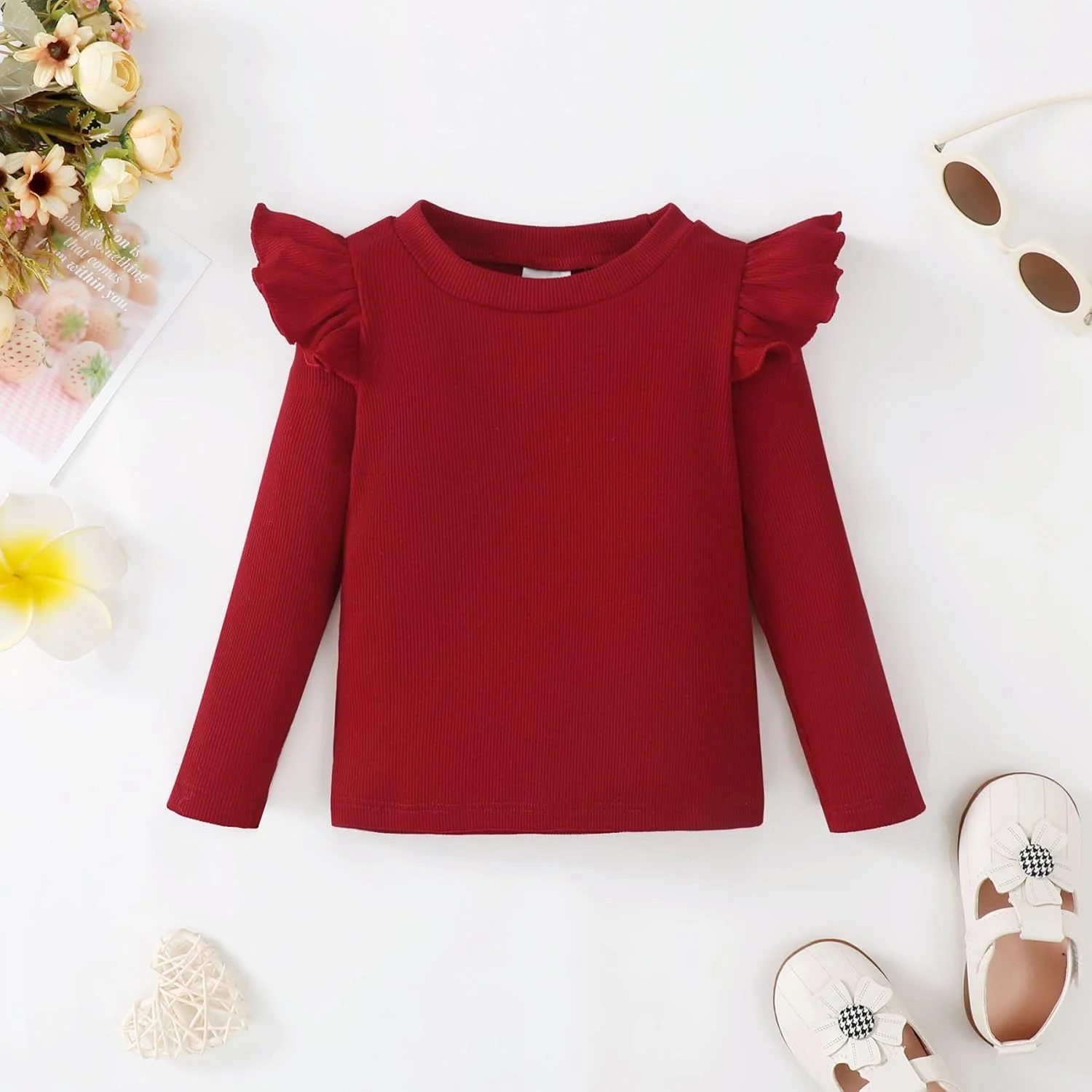 اوپاوو تیشرت های دخترانه بچه گانه آستین بلند چین دار، بلوز دنده ای دخترانه بچه گانه، لباس پاییزی دخترانه 2 عددی 12 ماهه تا 4 ساله