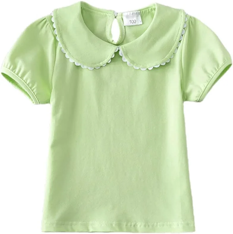 تی شرت آستین کوتاه دخترانه HDLEXD با رنگ ثابت، تیشرت پایه ای یقه عروسکی تابستانی برای کودکان