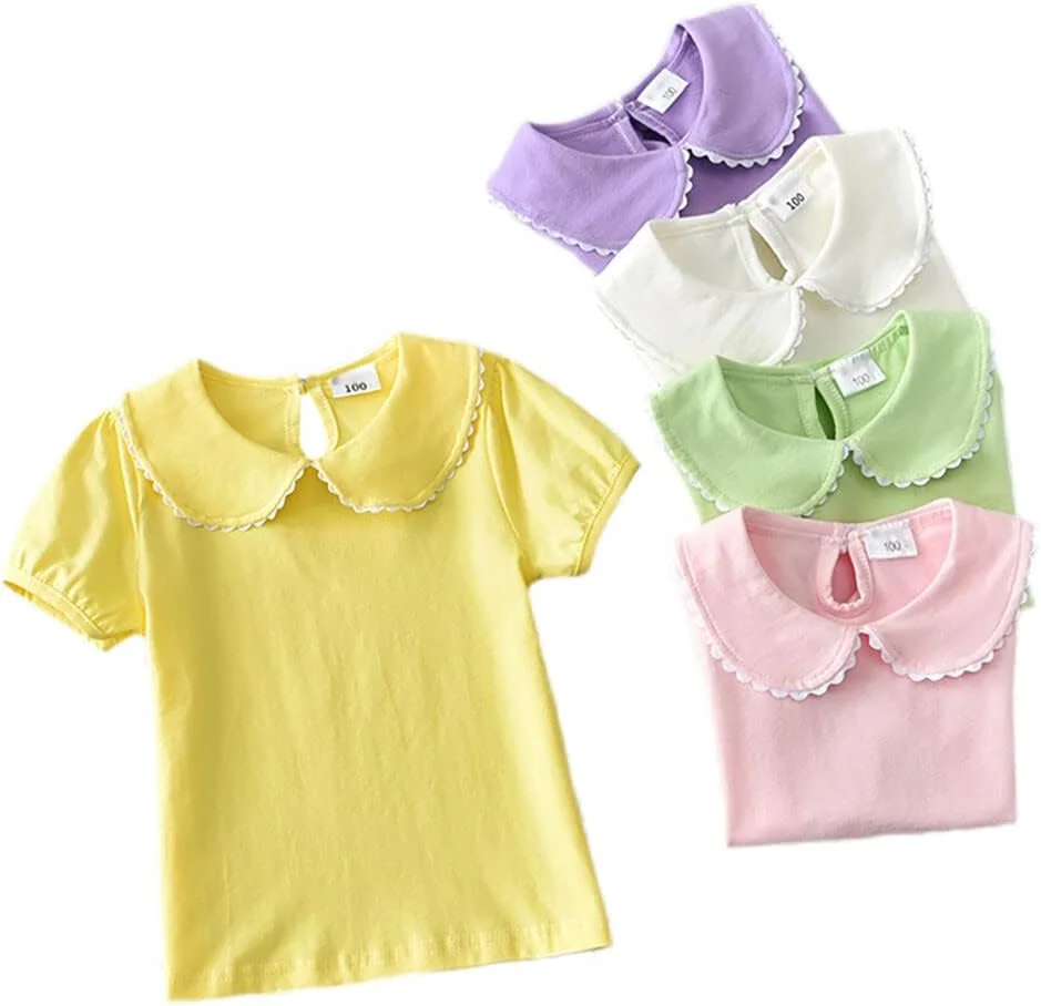 تی شرت آستین کوتاه دخترانه HDLEXD با رنگ ثابت، تیشرت پایه ای یقه عروسکی تابستانی برای کودکان