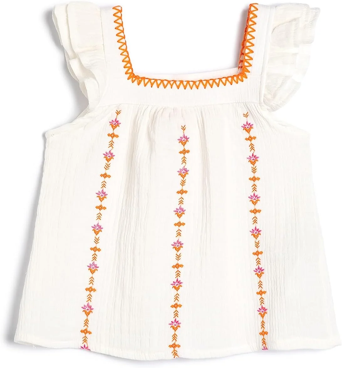 بلوز دخترانه KOTON، بلوز بدون آستین چین دار با گلدوزی گل، پارچه موسلین نخی