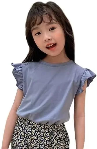 ATCTBOGFS بلوز آستین کوتاه دخترانه بچه گانه یقه گرد چین دار، تیشرت های ساده دخترانه، تاپ های تی شرت غیر رسمی