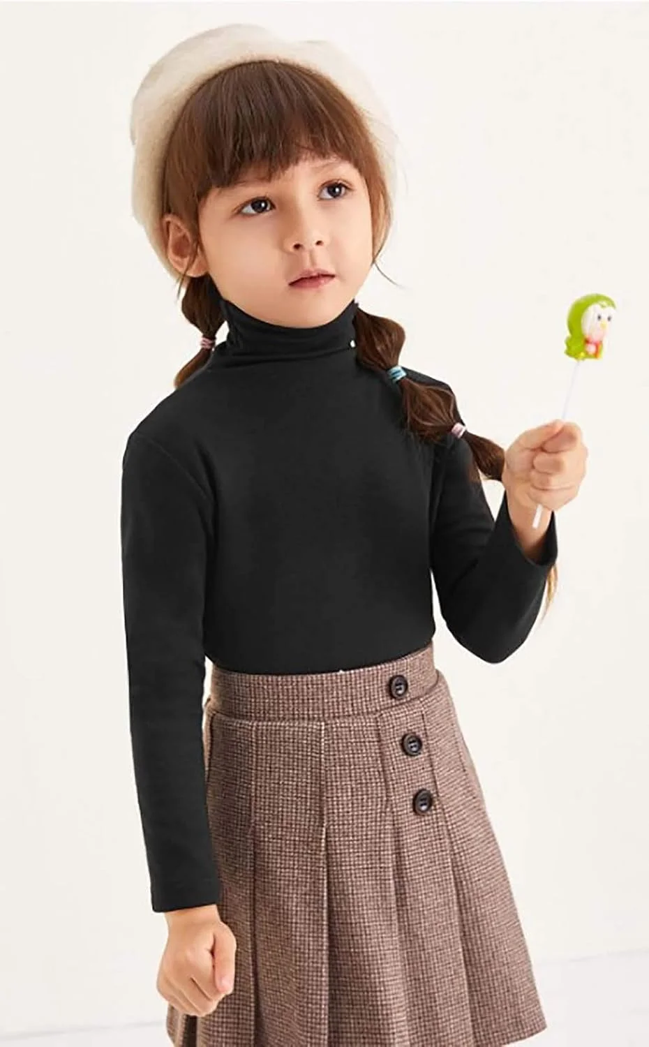 تی شرت یقه اسکی دخترانه آستین بلند، بلوز رنگ ثابت پایه ای مناسب کودکان 1 تا 5 سال