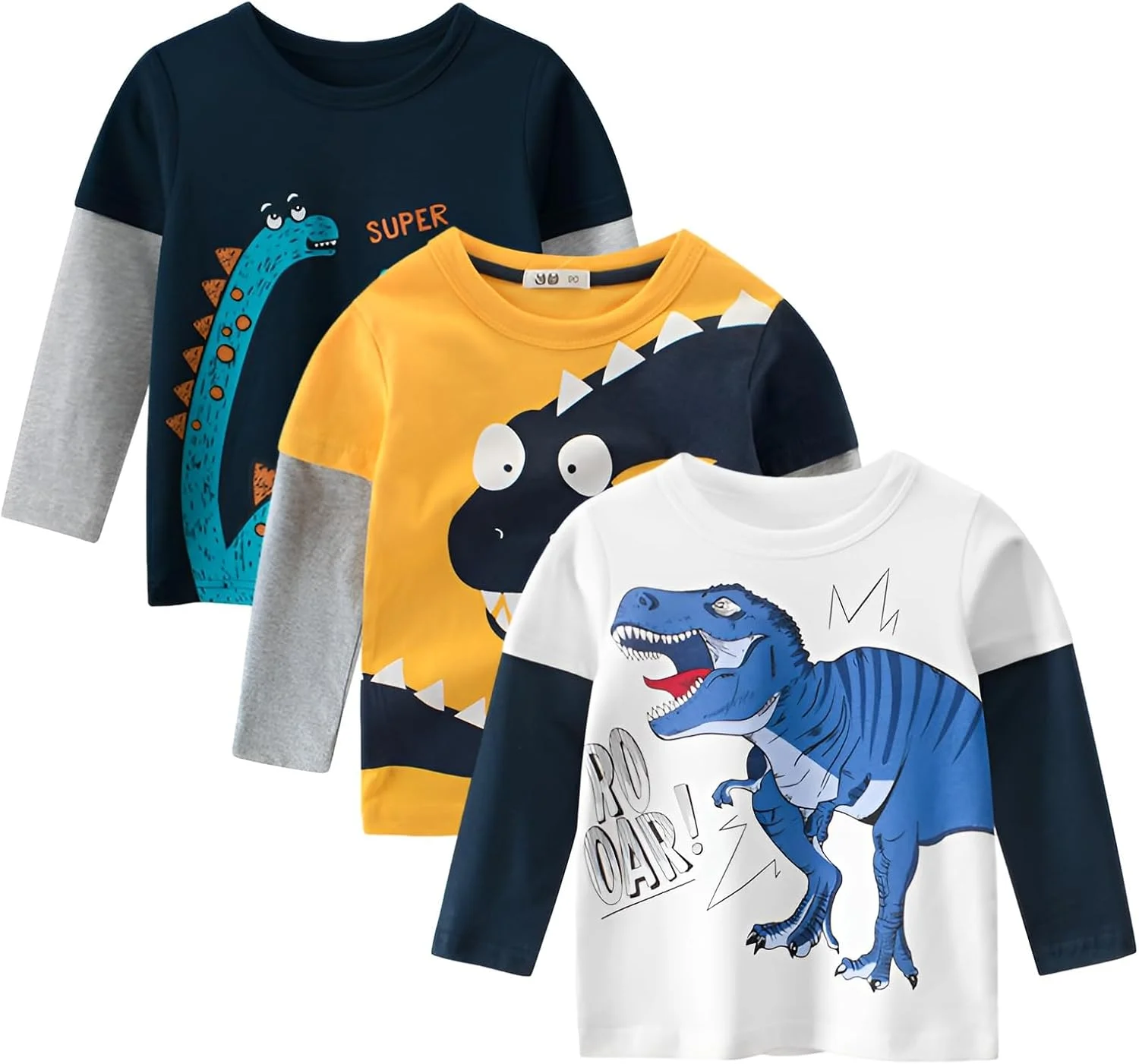 تی شرت راه راه پسرانه amropi، بسته 3 عددی، تی شرت آستین بلند پنبه ای طرح دایناسور برای 1 تا 8 سال
