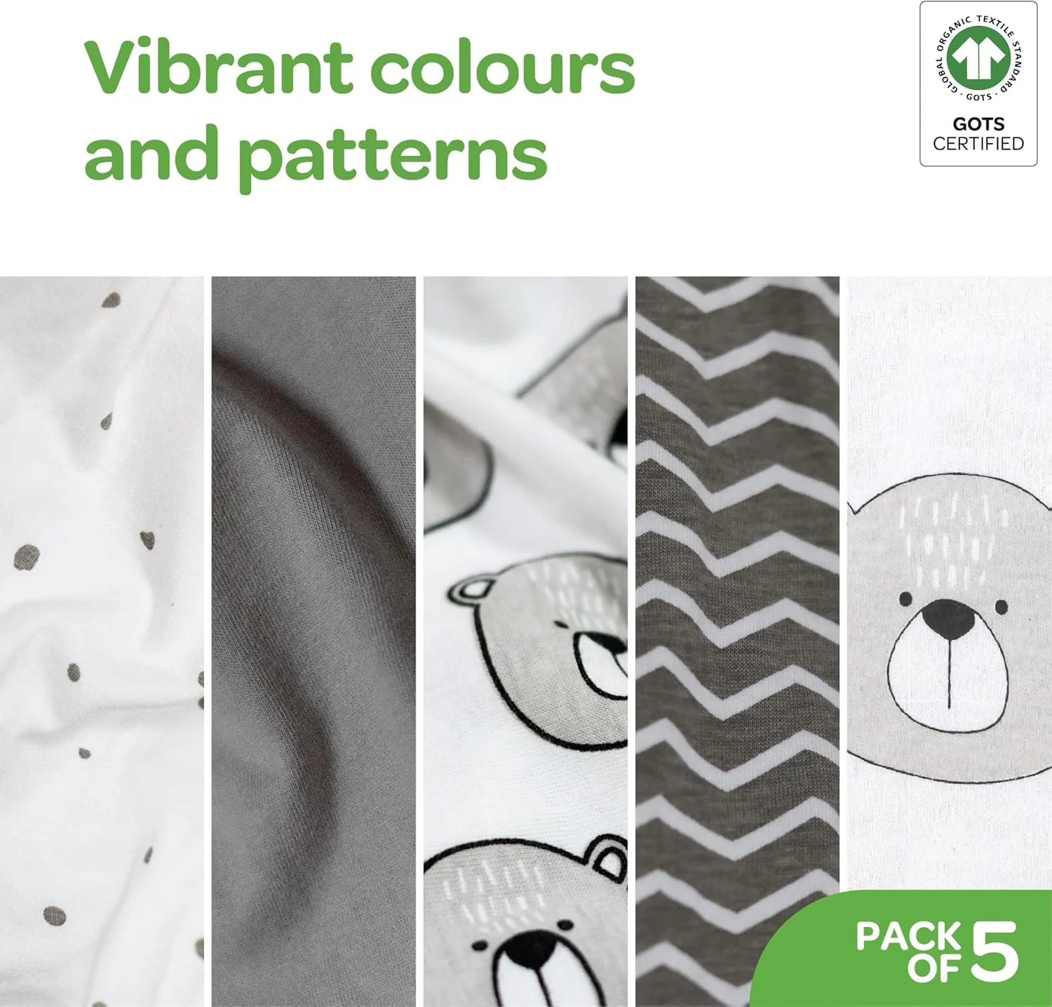 ست بادی نوزادی 5 تکه ارگانیک برند مون، طرح های زیبا برای دختران و پسران، الگوهای دوست داشتنی - مناسب 6-9 ماهگی، آستین کوتاه، پنبه خالص نرم، لطیف و پارچه تنفسی.