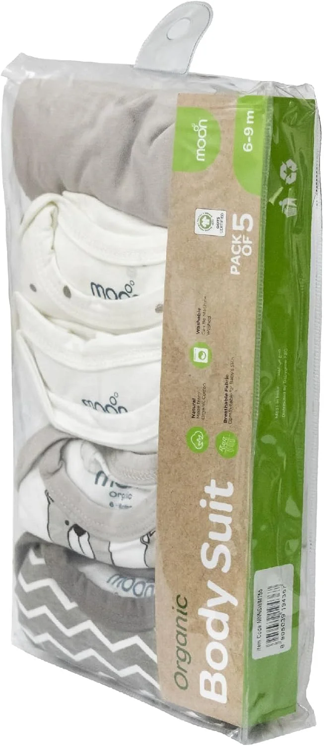 ست بادی نوزادی 5 تکه ارگانیک برند مون، طرح های زیبا برای دختران و پسران، الگوهای دوست داشتنی - مناسب 6-9 ماهگی، آستین کوتاه، پنبه خالص نرم، لطیف و پارچه تنفسی.