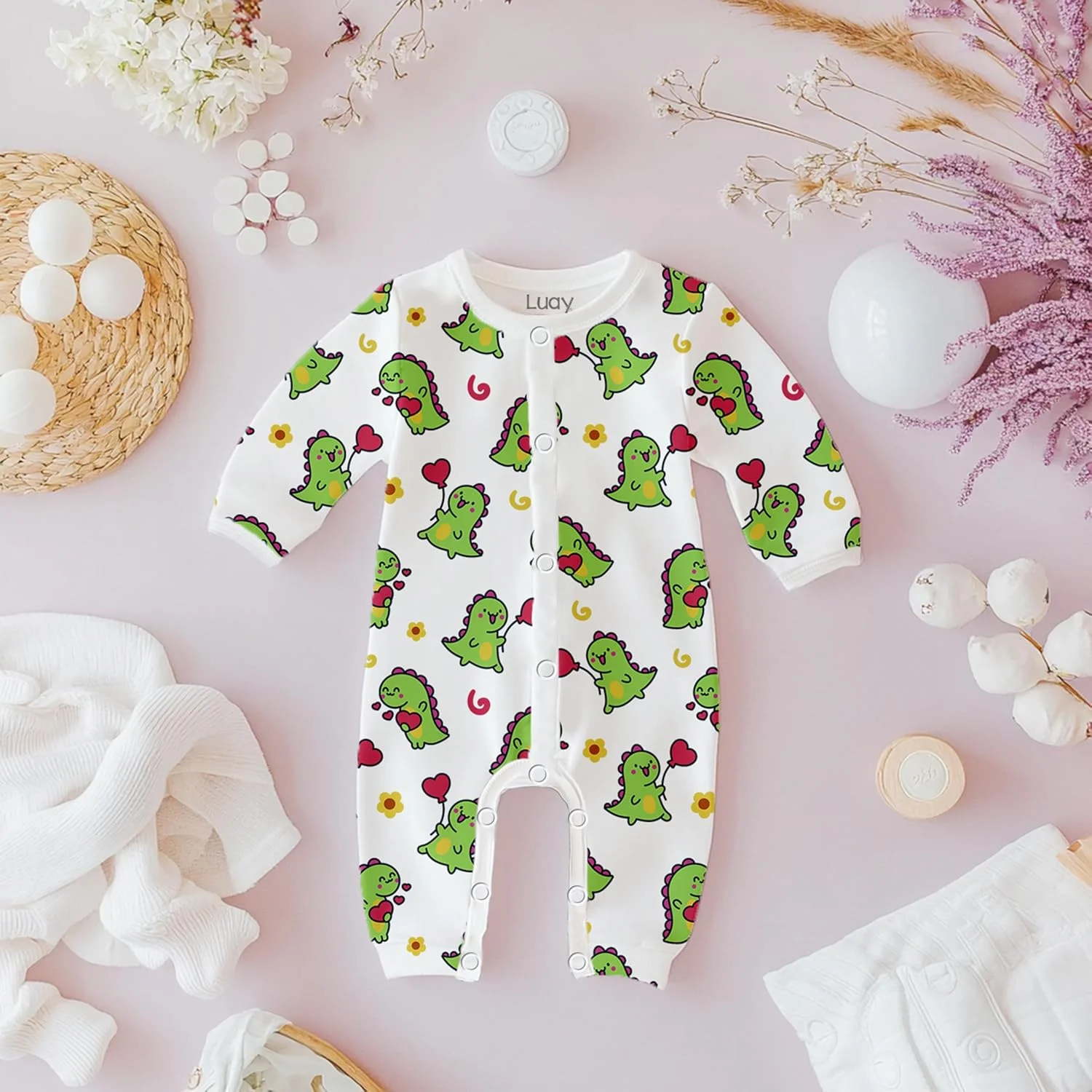 رامپر نوزادی لوای، 100% پنبه | لباس خواب آستین بلند نوزاد مناسب پسران و دختران | طرح پنگوئن، دایناسور، قلب، تدی، پیتزا | 0-24 ماه | لباس نوزادی نرم و تنفس پذیر