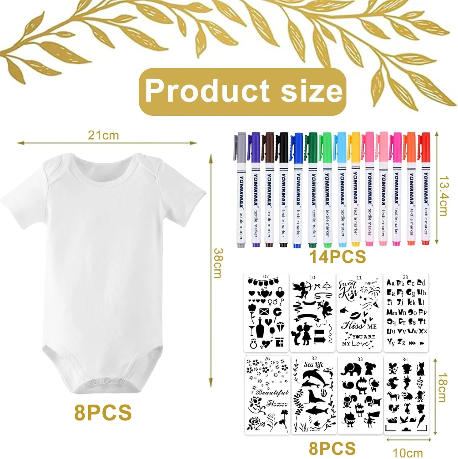 ست 8 عددی بادی آستین کوتاه نقاشی LOEPENLE، مناسب برای جشن سیسمونی، شامل 8 عدد بادی آستین کوتاه + 14 عدد قلم نساجی رنگارنگ + 8 عدد شابلون برای بازی های جشن سیسمونی