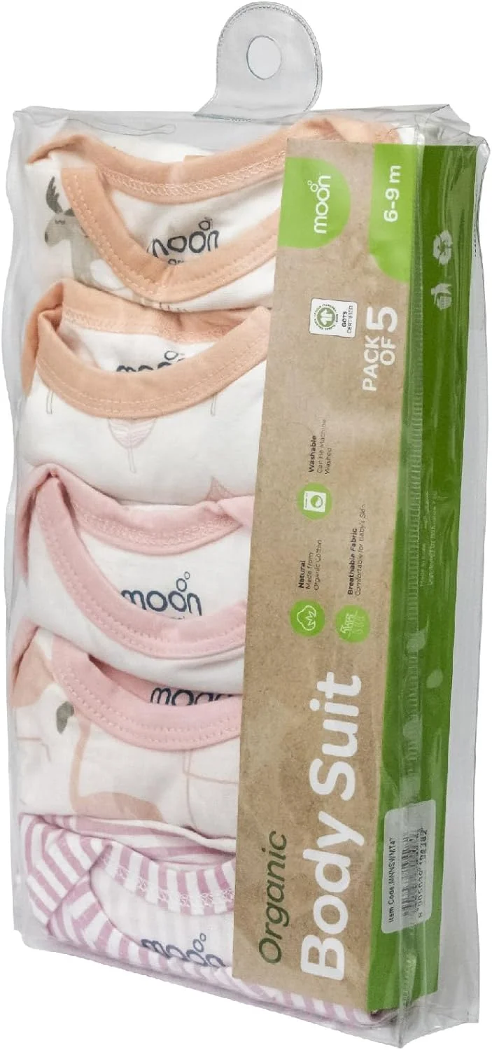 The Moon Brand Organic Baby Body Suit Set of 5 for Girls Cute Prints, Adorable Patterns – for 6-9 Months Half Sleeve, Pure Cotton Soft, Smooth, and Breathable Fabric.