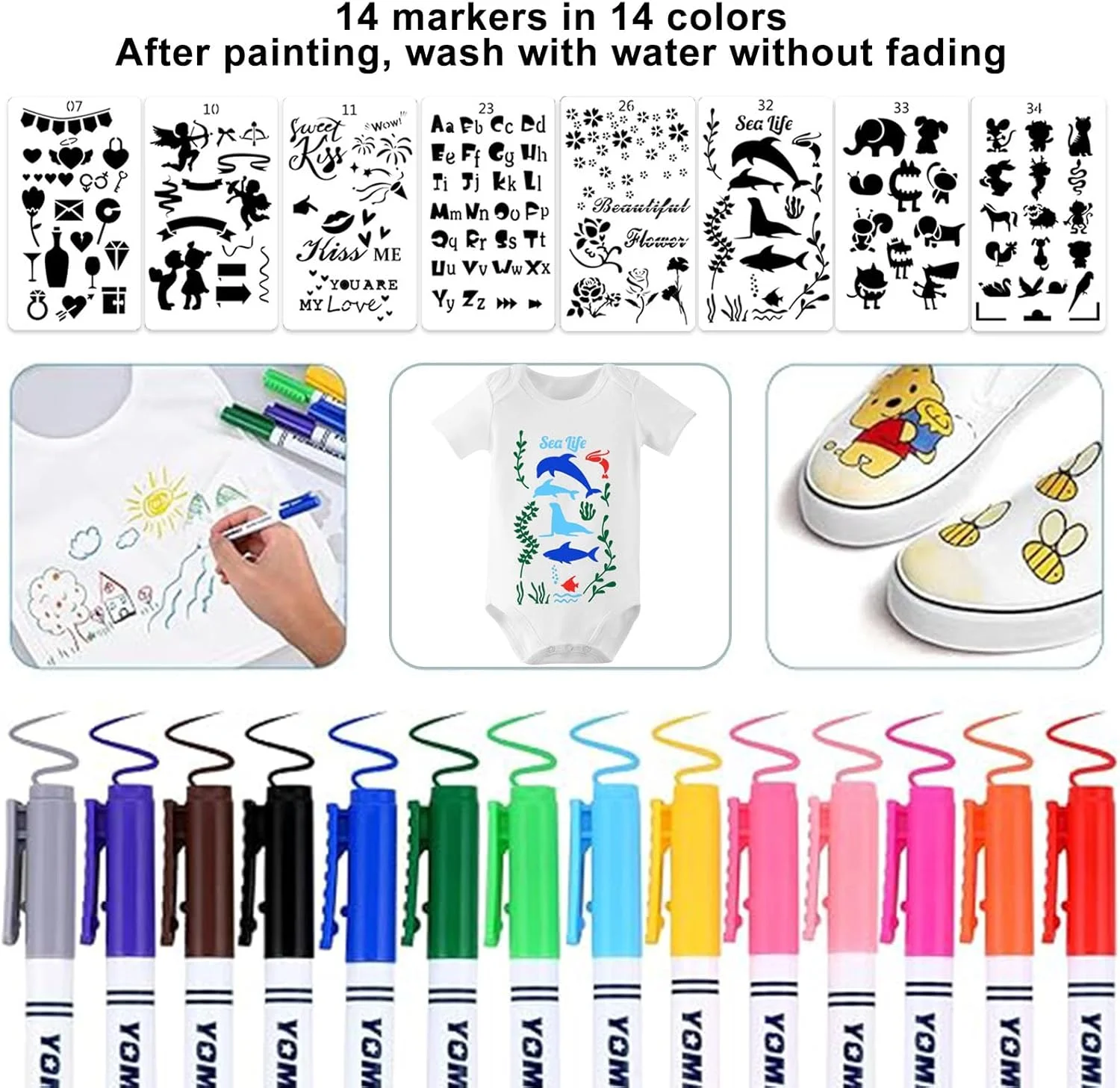 ست 8 عددی بادی آستین کوتاه نقاشی LOEPENLE، مناسب برای جشن سیسمونی، شامل 8 عدد بادی آستین کوتاه + 14 عدد قلم نساجی رنگارنگ + 8 عدد شابلون برای بازی های جشن سیسمونی