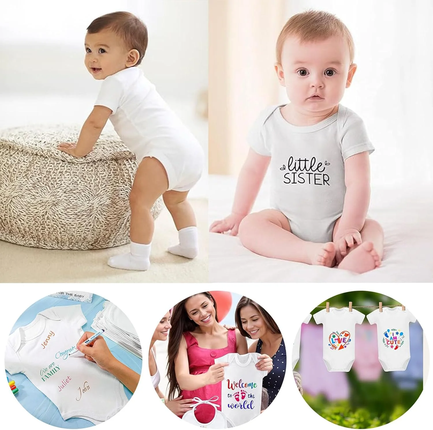 ست 8 عددی بادی آستین کوتاه نقاشی LOEPENLE، مناسب برای جشن سیسمونی، شامل 8 عدد بادی آستین کوتاه + 14 عدد قلم نساجی رنگارنگ + 8 عدد شابلون برای بازی های جشن سیسمونی