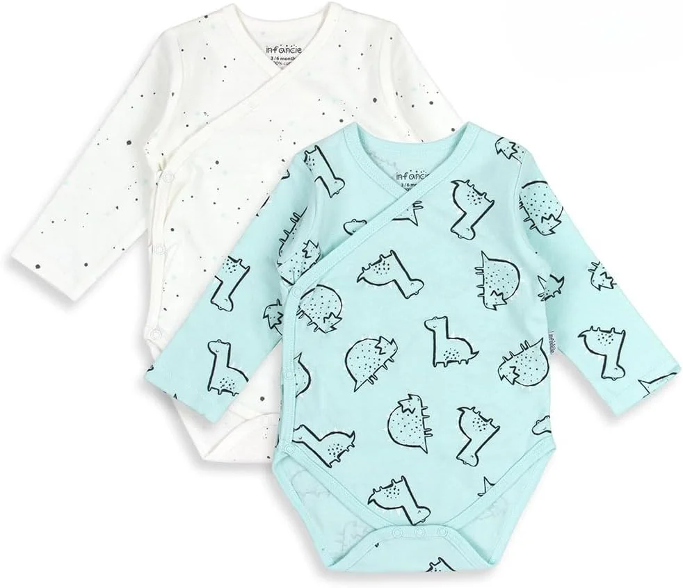 بادی آستین بلند کیمونو نوزادی Infancie، بسته 2 عددی، سفید/نعنایی