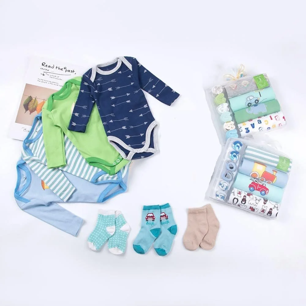 ست لباس نوزادی پسرانه HALAYAYA شامل 4 بادی آستین بلند و 3 جفت جوراب، ست هدیه نوزاد، رنگ تصادفی (پسرانه (3-6 ماه))