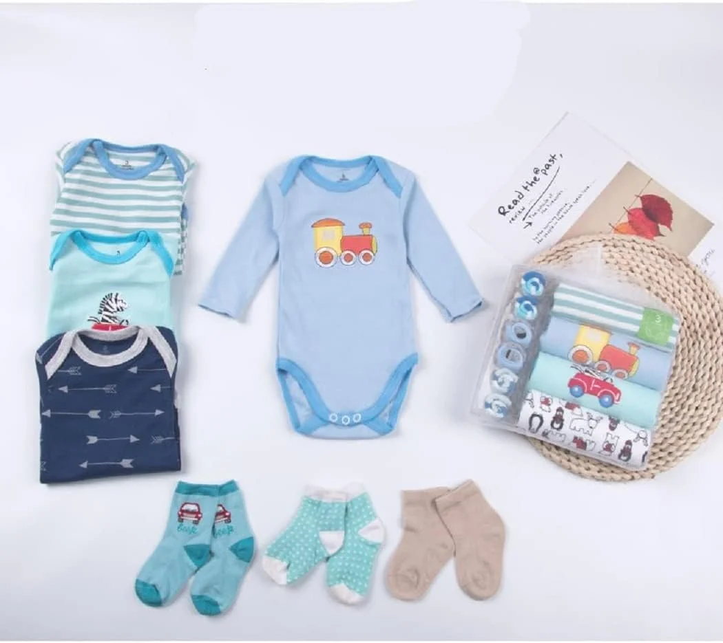 ست لباس نوزادی پسرانه HALAYAYA شامل 4 بادی آستین بلند و 3 جفت جوراب، ست هدیه نوزاد، رنگ تصادفی (پسرانه (3-6 ماه)) ست لباس نوزادی پسرانه HALAYAYA شامل 4 بادی آستین بلند و 3 جفت جوراب، ست هدیه نوزاد، رنگ تصادفی (پسرانه (3-6 ماه))