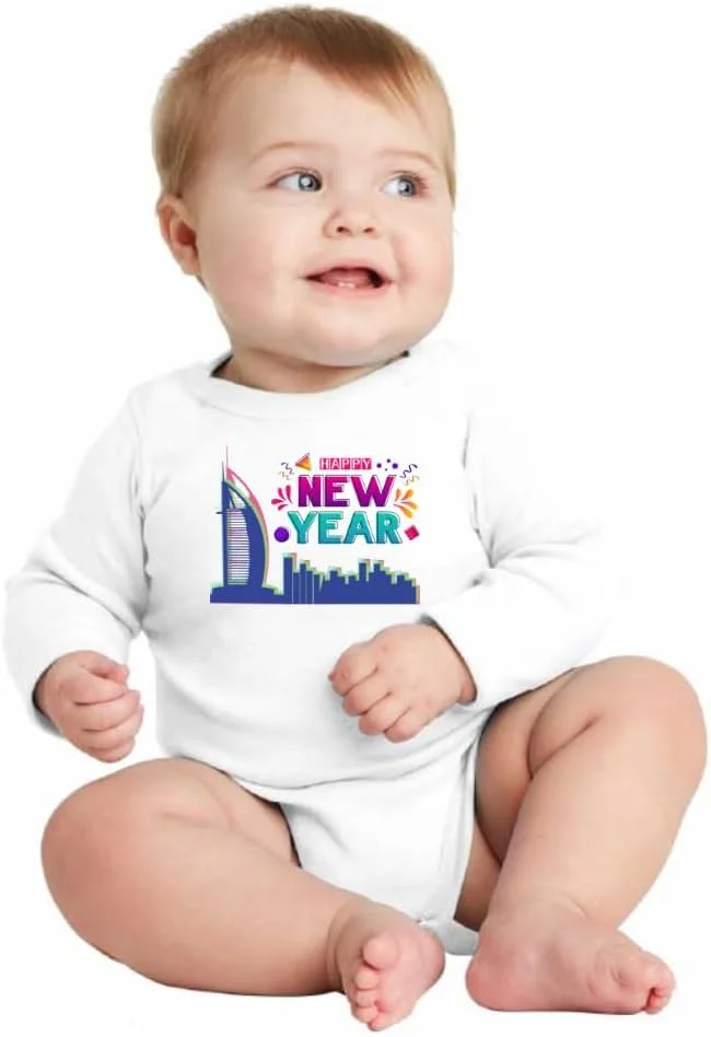 لباس سرهمی آستین بلند نوزادی طرح سال نو مبارک در دبی - لباس نوزادی برای سال نو در دبی - لباس سال نو نوزاد - هدیه برای نوزادان و کودکان نوپا