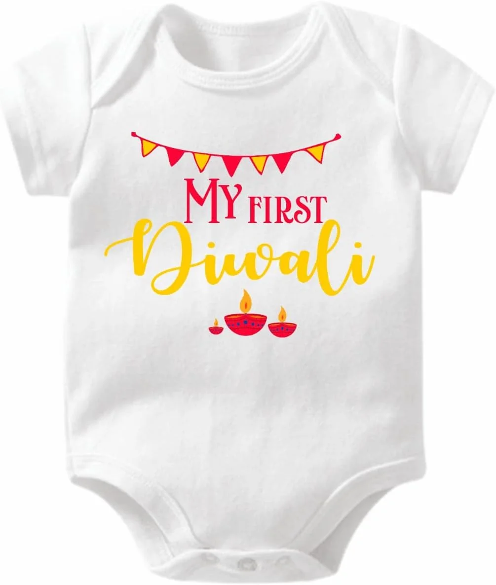 گیفت میت رامپر نوزادی اولین دیوالی من | رامپر پنبه ای سفید | لباس نوزادی دیوالی | رامپر پنبه ای یقه گرد چاپی برای نوزادان یونیسکس | رامپر برای کودکان | بادی نوزادی | رامپر پنبه ای برای نوزاد (6-12 ماه)