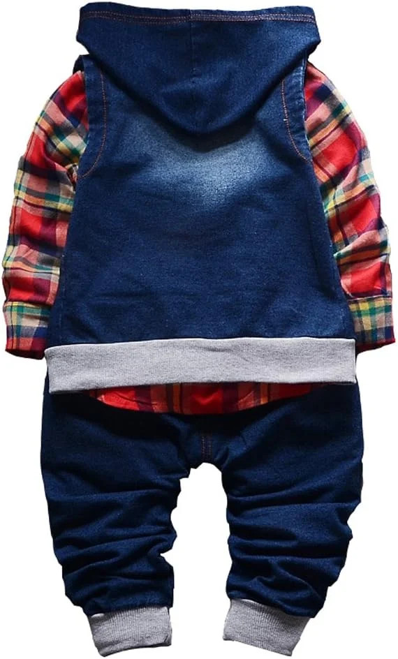 لباس پسرانه تادائو یاو، ست لباس 3 تکه پسرانه بهاره و پاییزی، جلیقه جین، پیراهن نخی، شلوار جین برای پسران