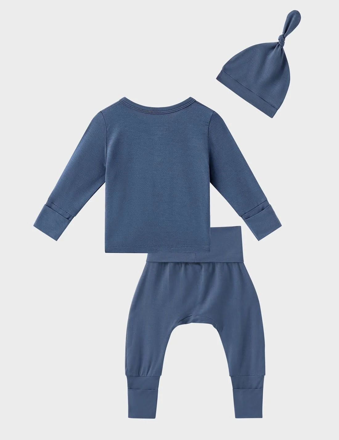 لباس نوزادی پسرانه دخترانه، ست تاپ دکمه دار و شلوار ویسکوز بامبو به همراه کلاه/هدبند