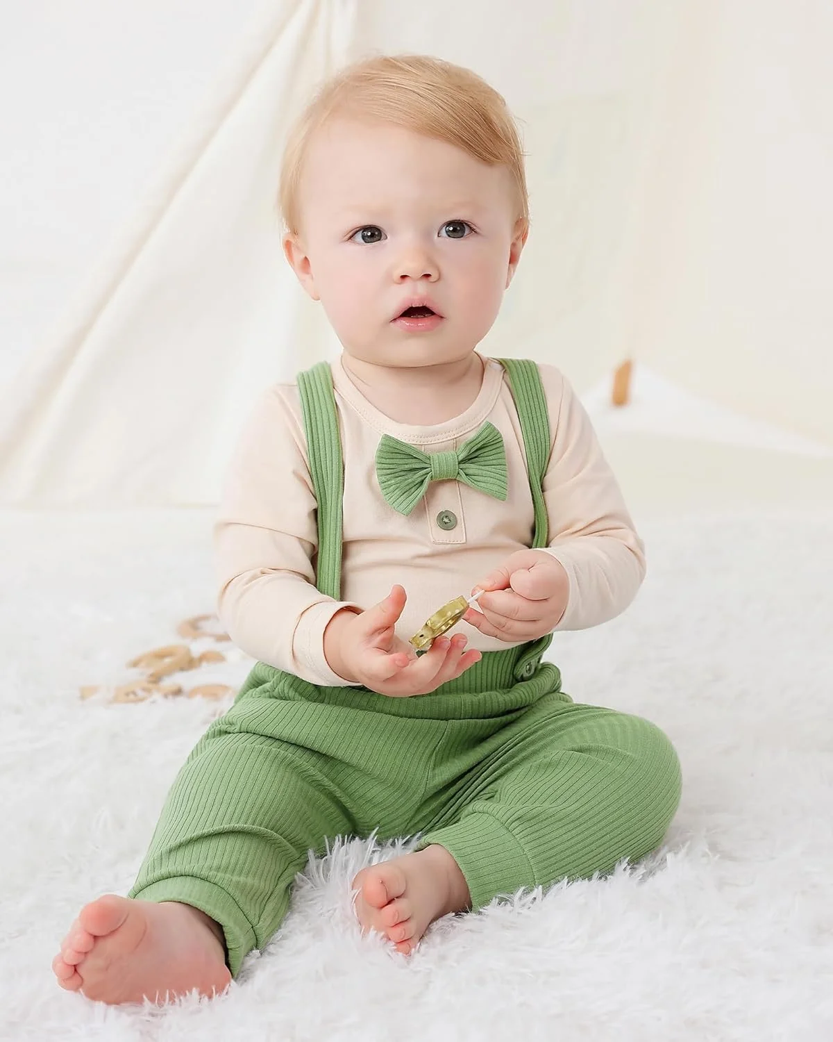 ست لباس پسرانه نوزادی سانمیو، مناسب 0، 3، 6، 12 و 18 ماهگی، شامل رامپر آستین بلند و شلوار، مناسب فصل پاییز و زمستان