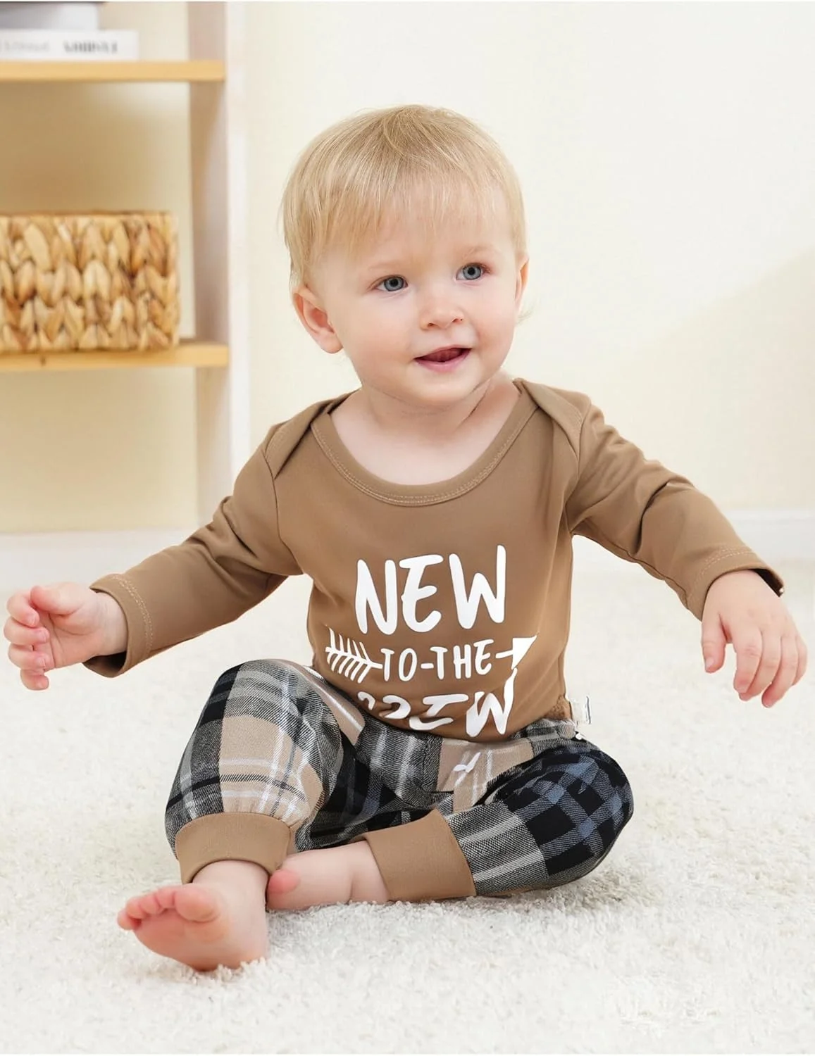 لباس نوزادی پسرانه Renotemy، رامپرهای آستین بلند با طرح حروف چاپی، شلوار چهارخانه و کلاه، ست لباس 0-18 ماهگی