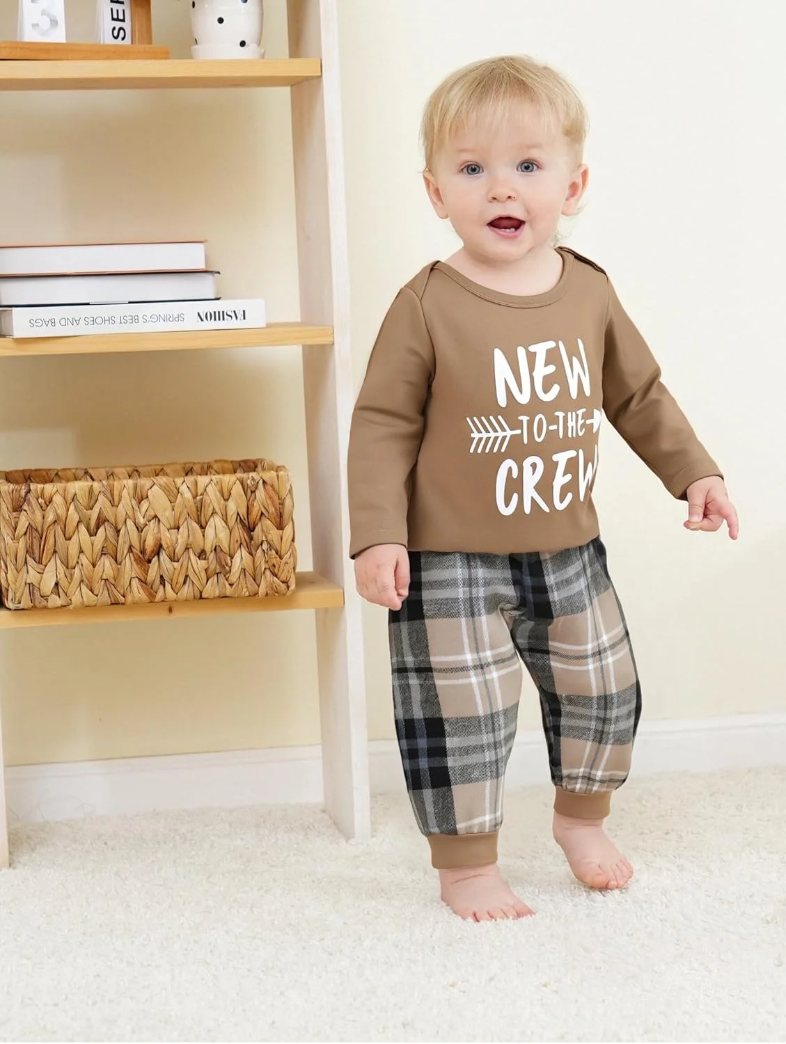 لباس نوزادی پسرانه Renotemy، رامپرهای آستین بلند با طرح حروف چاپی، شلوار چهارخانه و کلاه، ست لباس 0-18 ماهگی