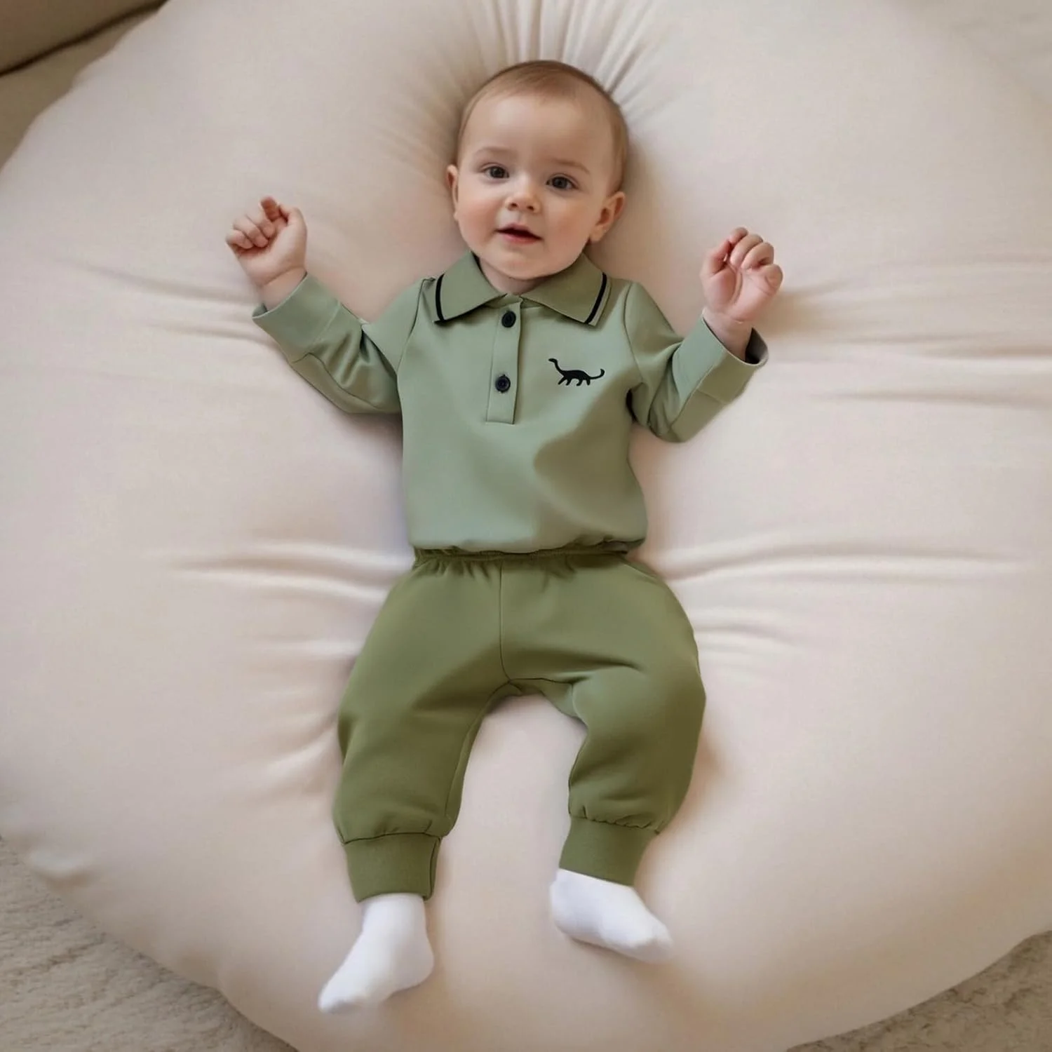 ست لباس نوزاد پسرانه RSRZRCJ، مناسب فصل پاییز و زمستان، شامل رامپر آستین بلند یقه برگردان با طرح دایناسور و شلوار، 2 تکه