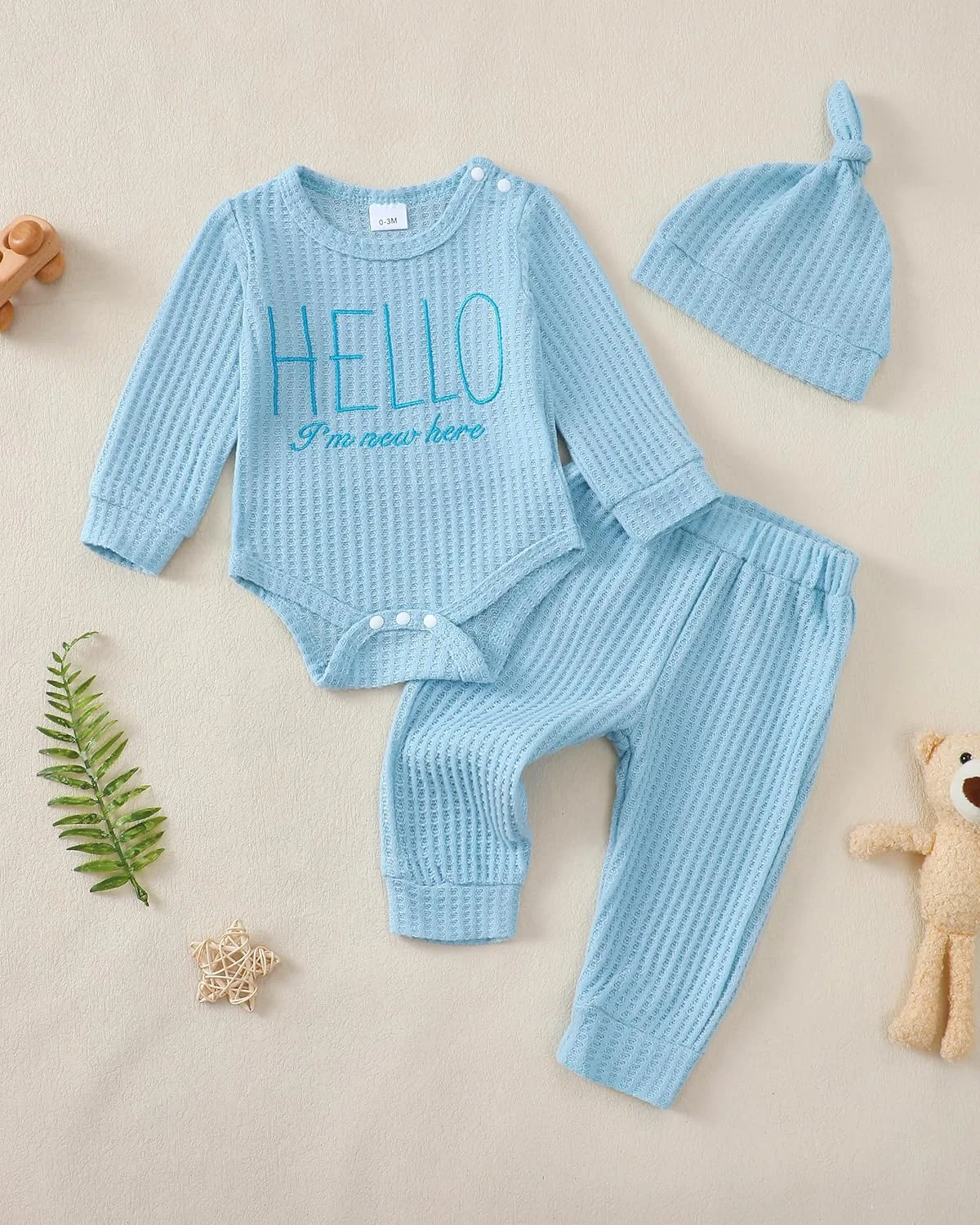 لباس نوزادی پسرانه رنوتمی، رامپر، شلوار و کلاه مناسب پاییز و زمستان، طرح "من تازه واردم"، مناسب هدیه