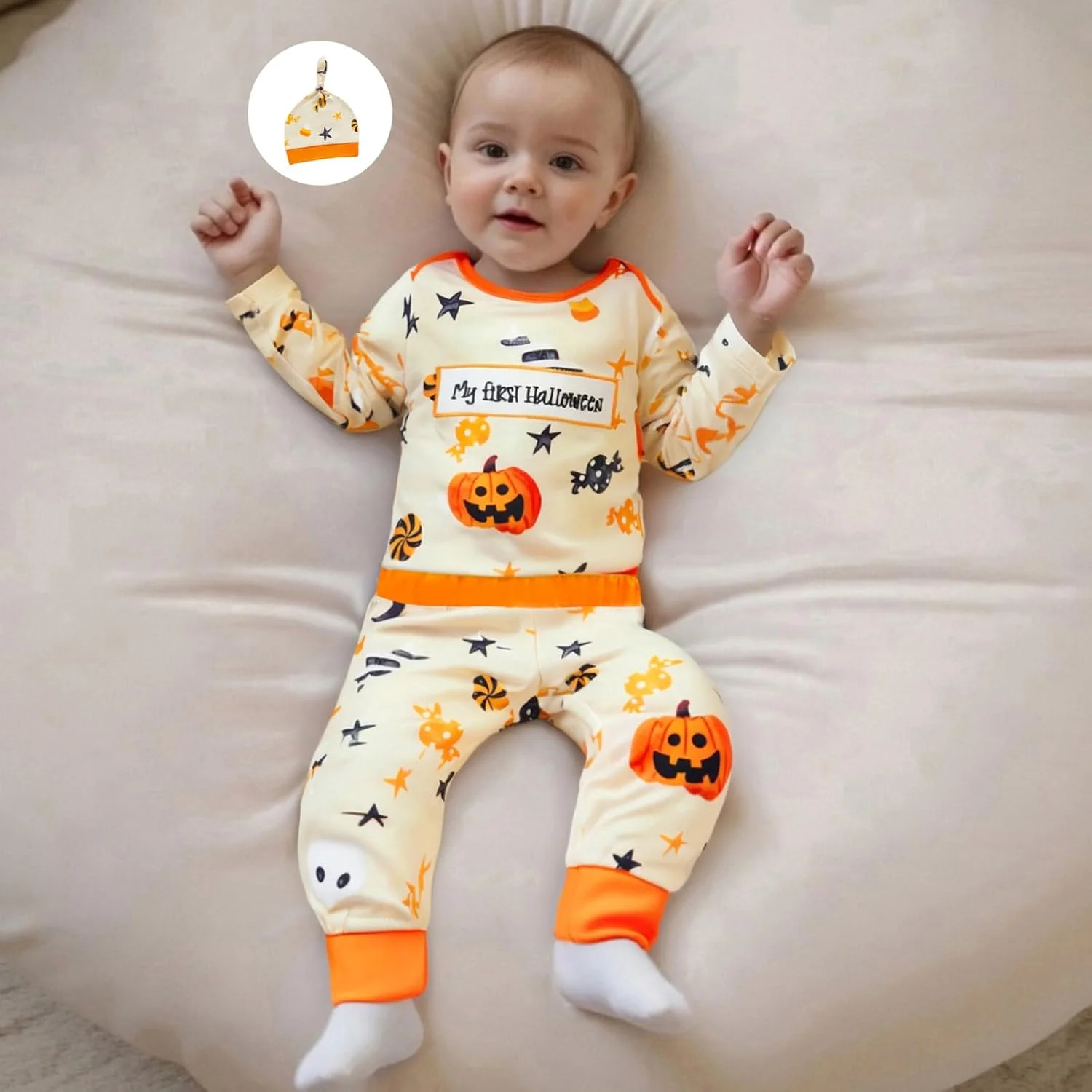 لباس هالووین نوزادی، ست لباس پسرانه شامل رامپر کدو تنبل، بلوز آستین بلند، شلوار و کلاه 3 تکه مناسب نوزادان پسر، ست لباس 3 تکه هالووین