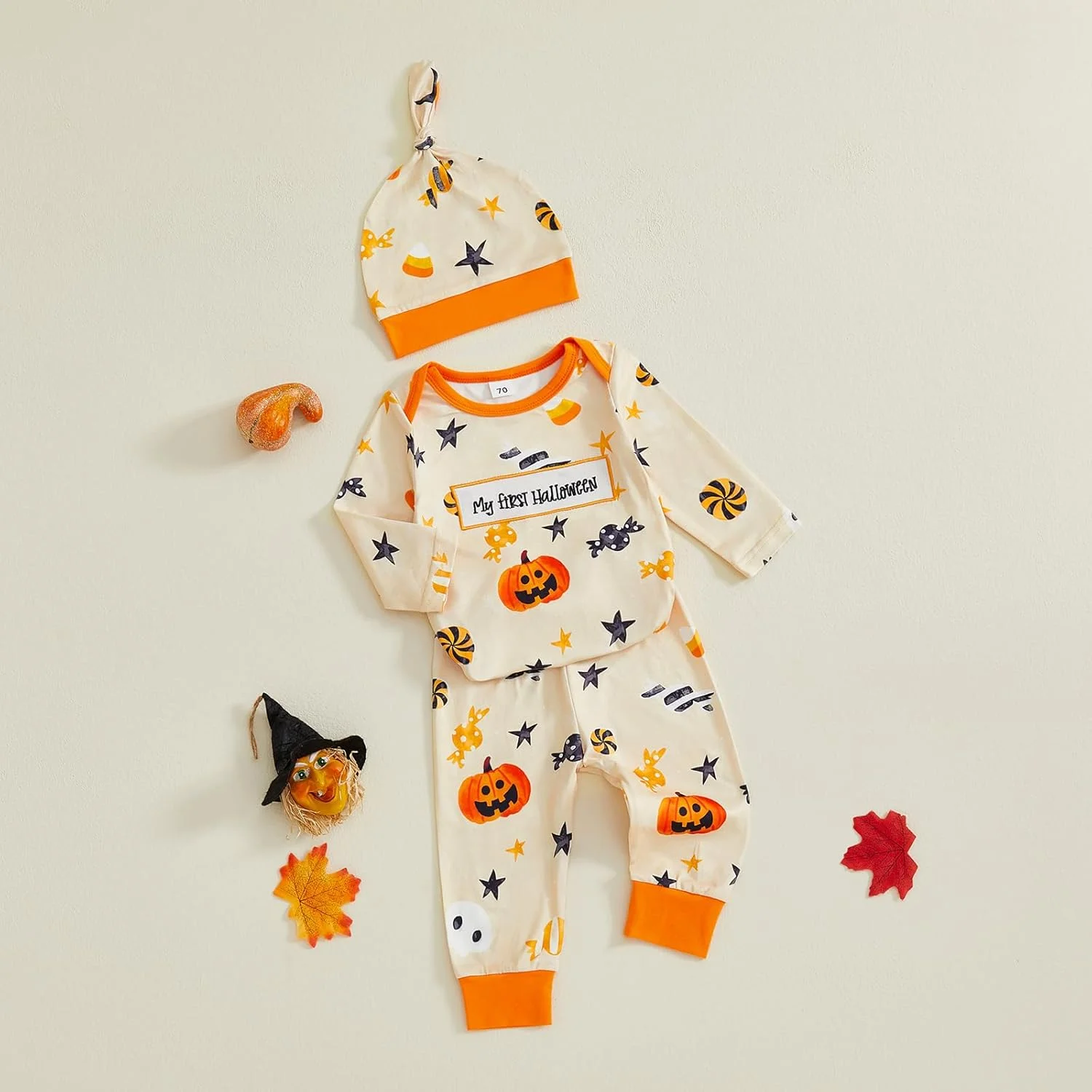 لباس هالووین نوزادی، ست لباس پسرانه شامل رامپر کدو تنبل، بلوز آستین بلند، شلوار و کلاه 3 تکه مناسب نوزادان پسر، ست لباس 3 تکه هالووین
