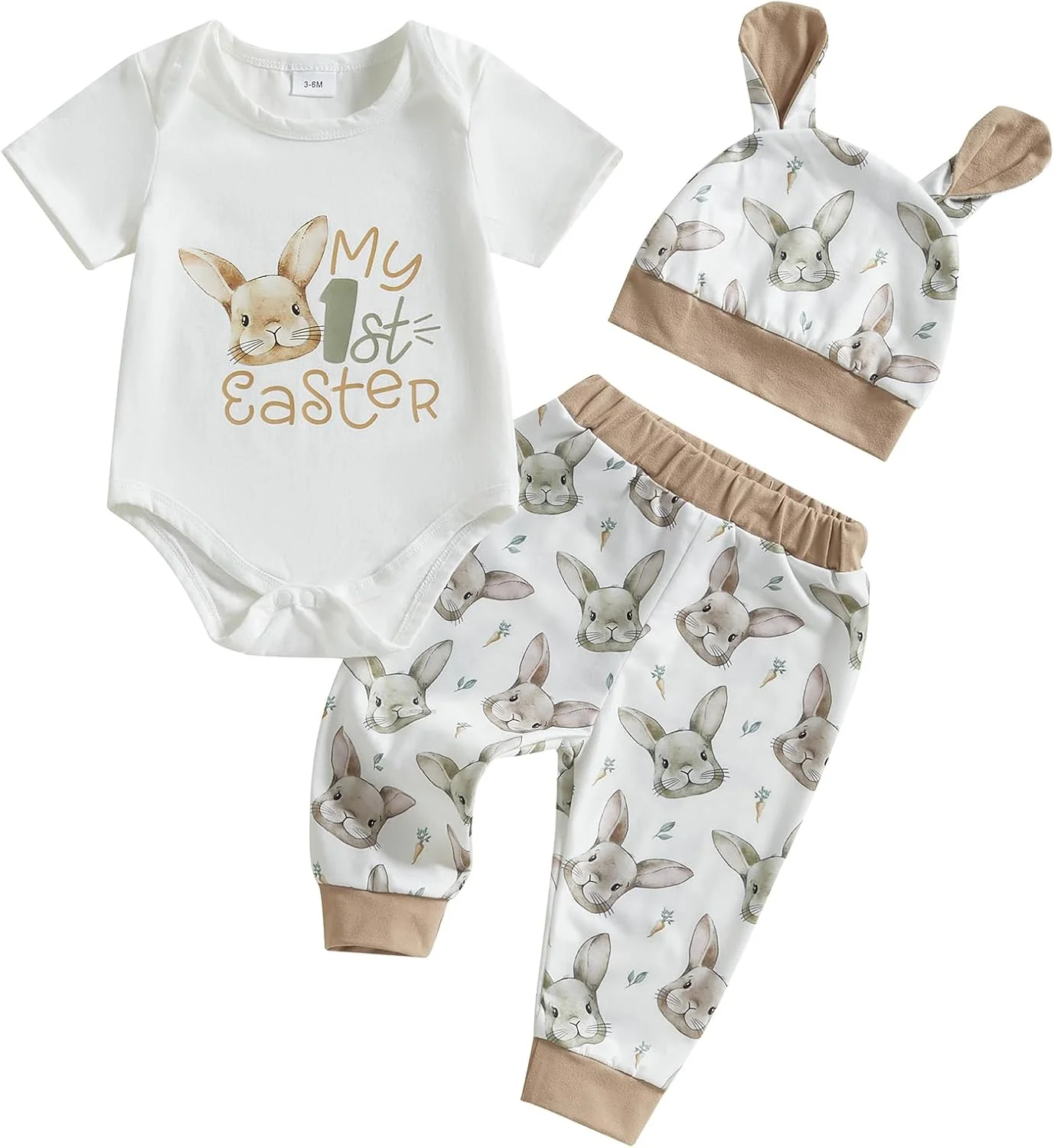 ست لباس عید پاک نوزادی MAHUAOYIXI، لباس پسرانه نوزاد، رامپر آستین بلند با طرح خرگوش و شلوار طرح هویج کامیون و کلاه، ست لباس 3 تکه پسرانه