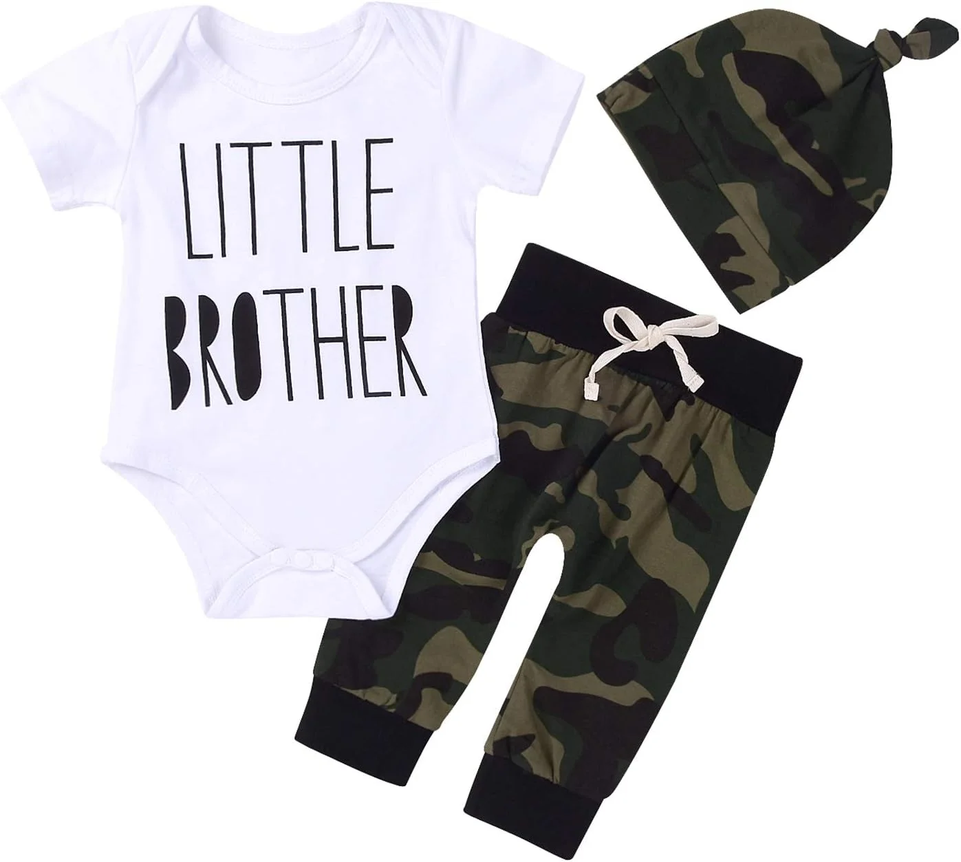 MEKILYN 3Pcs Baby Boys Little Brother Camouflage Romper Tops+Pants Leggings+ Hat Outfits Set