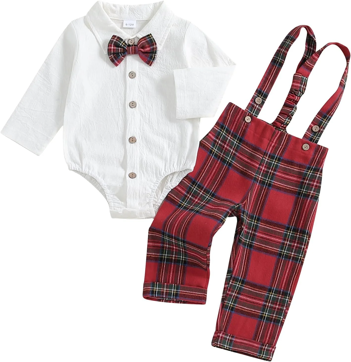 ست لباس سه تکه نوزادی پسرانه MAHUAOYIXI، لباس جنتلمن، یقه برگردان، آستین بلند، رامپر، شلوار پیشبندی چهارخانه و پاپیون