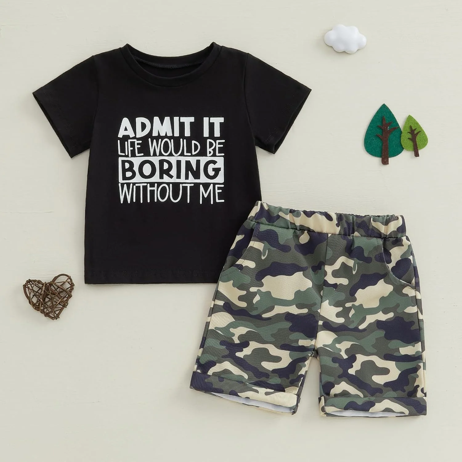 ست لباس تابستانی پسرانه MAHUAOYIXI شامل تیشرت آستین کوتاه با طرح حروف و شلوارک استتار کمر کشی، مناسب برای پسر بچه های کوچک