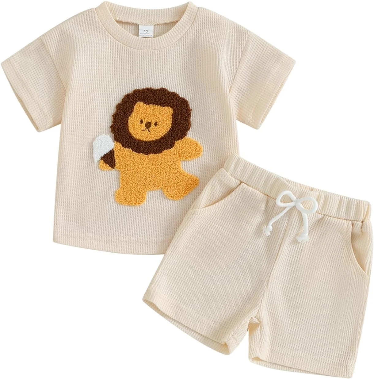 ست لباس بچه گانه پسرانه MAHUAOYIXI، مناسب بهار و تابستان، طرح وافل، آستین کوتاه، یقه گرد، تیشرت با گلدوزی شیر و شلوارک کمر کشی، ست 2 تکه لباس ورزشی برای پسر بچه ها