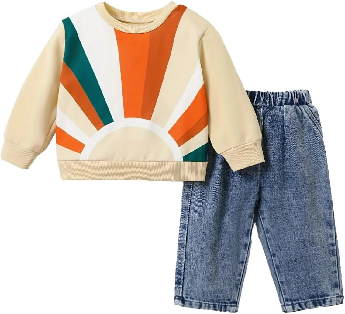 LUVCES ست لباس پسرانه شامل بلوز آستین بلند طرح دار و شلوار جین زاپ دار، مناسب نوزادان 6 تا 24 ماهه