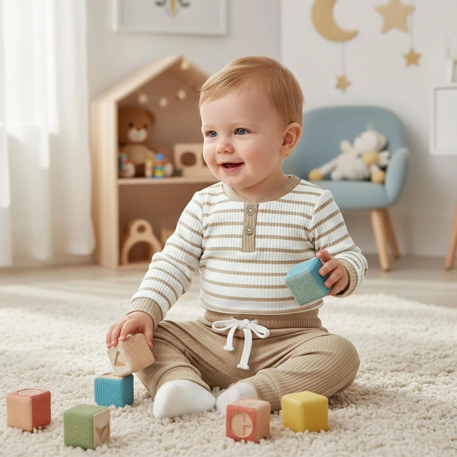 ست لباس نوزادی پسرانه JiAmy شامل بادی آستین بلند راه راه، رامپر و شلوار، لباس نوزادی نرم و پنبه ای 0-24 ماه