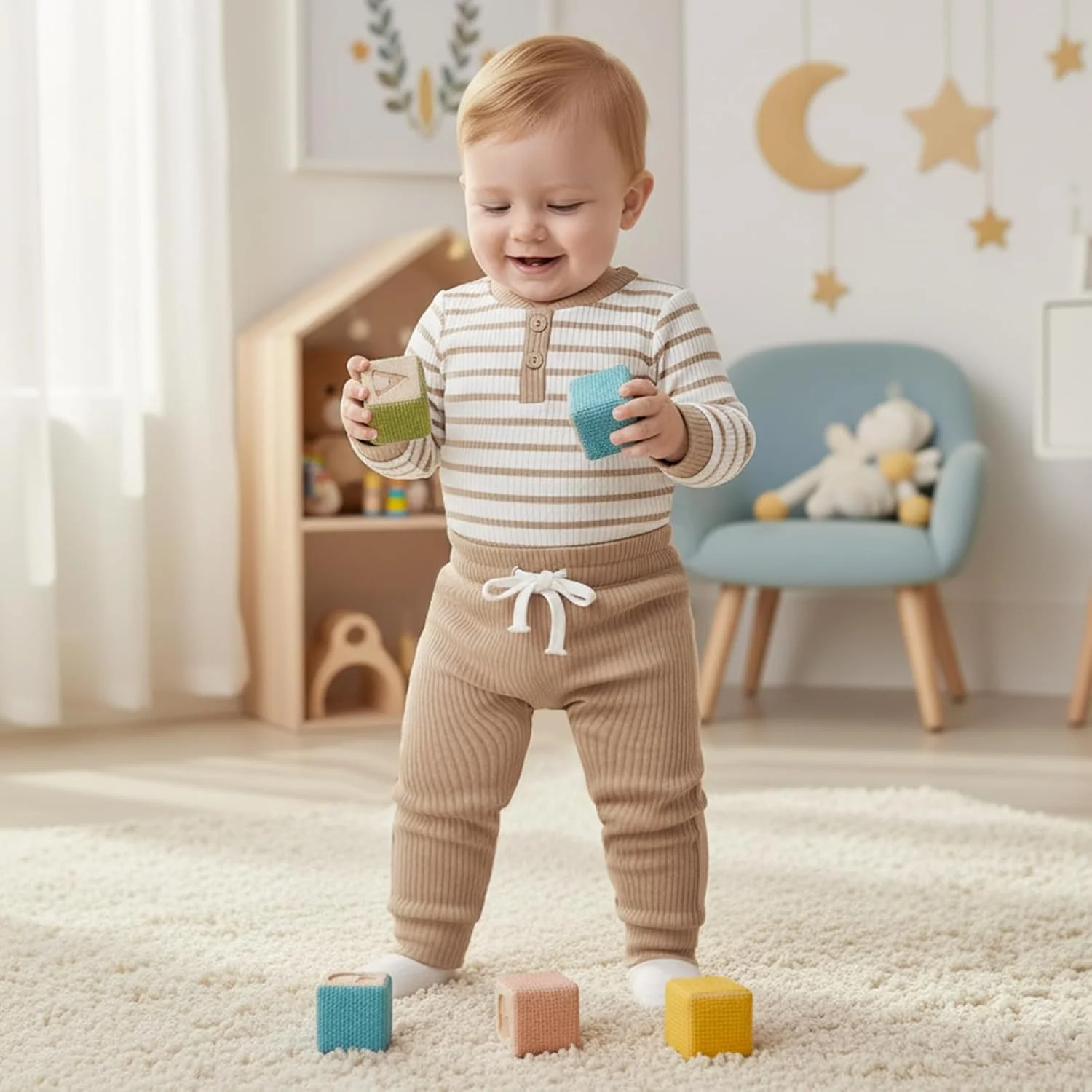 ست لباس نوزادی پسرانه JiAmy شامل بادی آستین بلند راه راه، رامپر و شلوار، لباس نوزادی نرم و پنبه ای 0-24 ماه