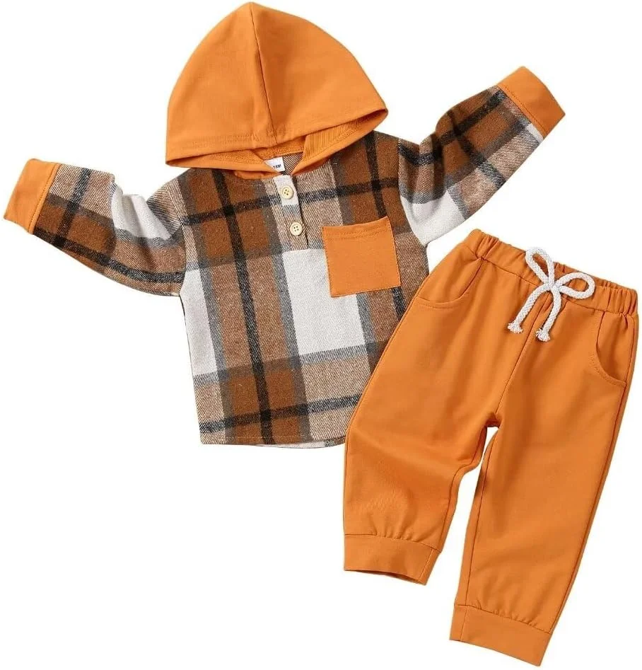JOIMOCY ست لباس پسرانه بچه گانه پاییزه زمستانه، پیراهن های دکمه دار چهارخانه، هودی و شلوار، سایزهای 12 ماهه تا 5 سال