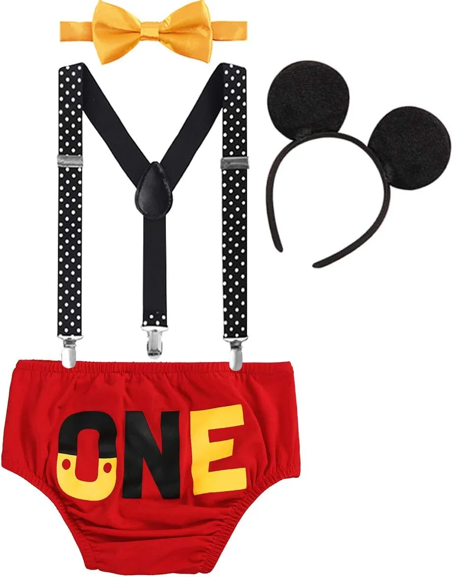 لباس تولد یک سالگی پسرانه IBTOM CASTLE، ست لباس جشن تولد اول/دوم/سوم، شامل ساسپندر Y شکل، شورت پفی، پاپیون و گوش موشی