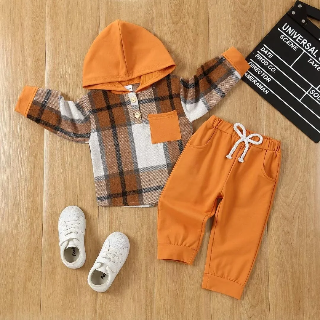 JOIMOCY ست لباس پسرانه بچه گانه پاییزه زمستانه، پیراهن های دکمه دار چهارخانه، هودی و شلوار، سایزهای 12 ماهه تا 5 سال