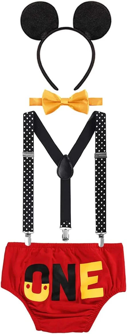 لباس تولد یک سالگی پسرانه IBTOM CASTLE، ست لباس جشن تولد اول/دوم/سوم، شامل ساسپندر Y شکل، شورت پفی، پاپیون و گوش موشی