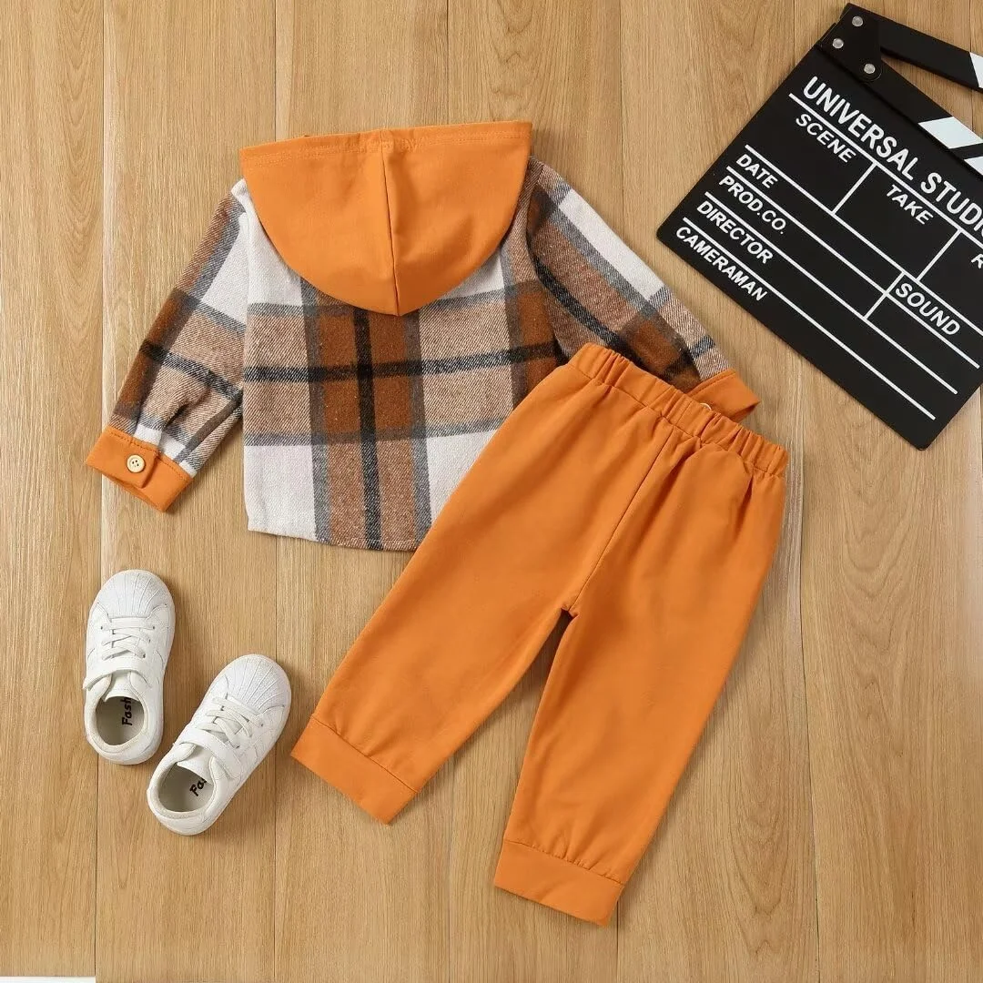 JOIMOCY ست لباس پسرانه بچه گانه پاییزه زمستانه، پیراهن های دکمه دار چهارخانه، هودی و شلوار، سایزهای 12 ماهه تا 5 سال