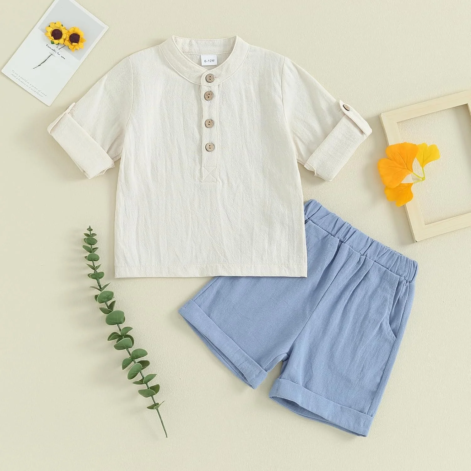 ست لباس تابستانی پسرانه Gueuusu، پیراهن آستین کوتاه یقه Henley و شلوارک، لباس 2 تکه نوزادی، جنس پنبه و کتان، طرح ساده