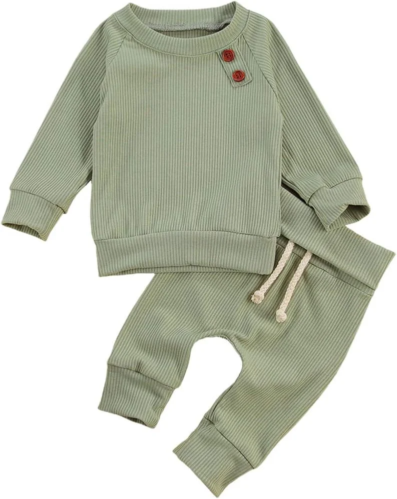 Geagodelia T-8718 Baby Clothing Set Baby Boys Girls Clothing Outfit Long Sleeve T-Shirt Top + Trousers Newborn Soft Plain Baby Set (Green, 0-3 Months)