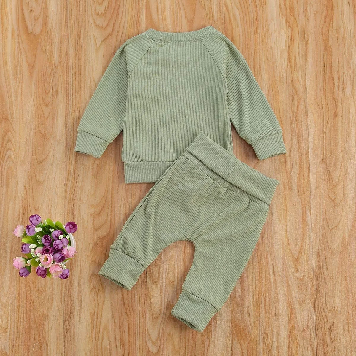 Geagodelia T-8718 Baby Clothing Set Baby Boys Girls Clothing Outfit Long Sleeve T-Shirt Top + Trousers Newborn Soft Plain Baby Set (Green, 0-3 Months)
