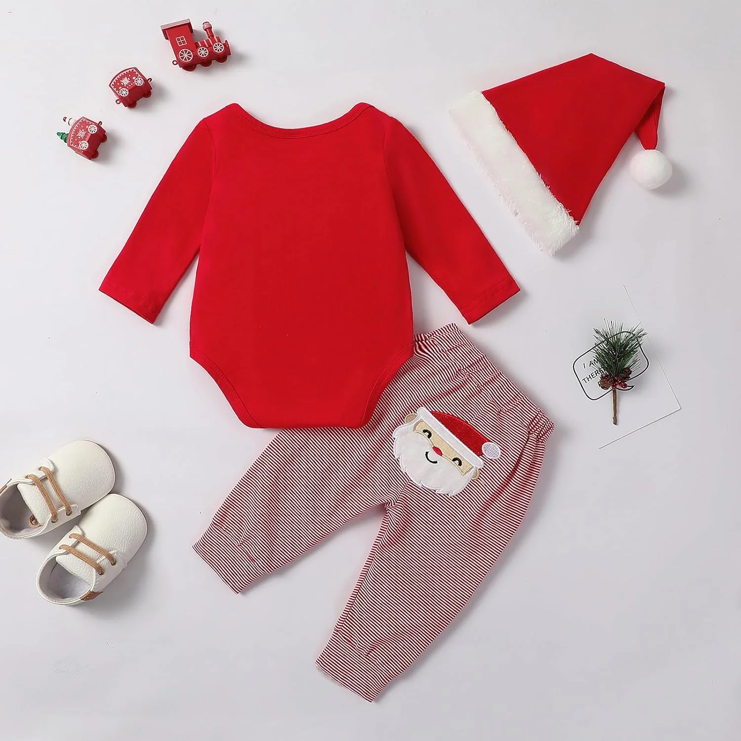 Geagodelia لباس کریسمس نوزادی پسرانه دخترانه، ست لباس نوزادی کریسمس، ست لباس نوزادی آستین بلند، بادی رامپر + شلوار، ست نرم نوزادی اولین کریسمس من