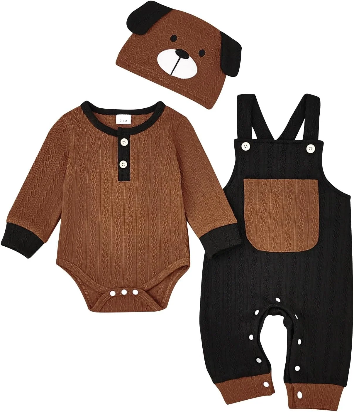 FOCUTEBB لباس پسرانه نوزادی، رامپر آستین بلند بامزه، سرهمی جیب دار نوزاد، شلوار پیشبندی قابل تنظیم، ست 0-18 ماه