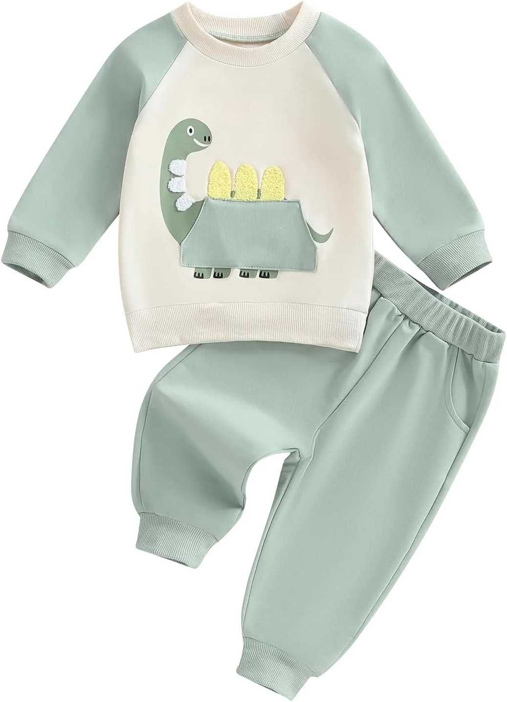 ست لباس پسرانه طرح دایناسور، بلوز آستین بلند و شلوار، لباس نوزادی مناسب پاییز و زمستان