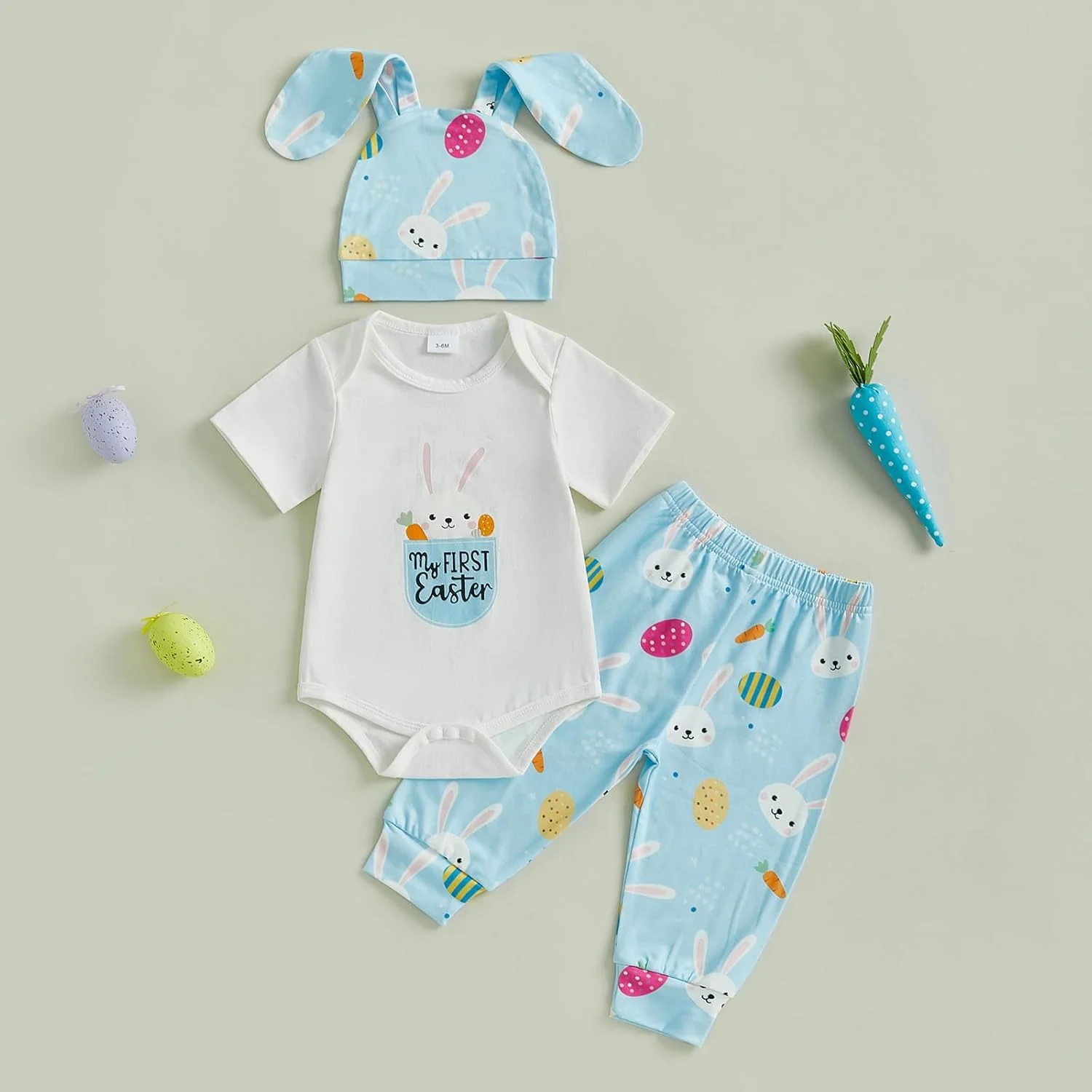 ست لباس عید پاک نوزاد پسر FYBITBO، اولین لباس عید پاک من، رامپر خرگوشی، شلوار، کلاه، ست لباس نوزادی پسرانه